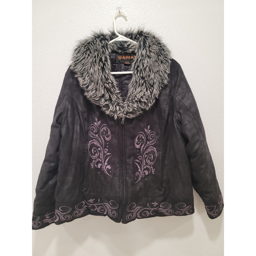 Ariat vintage jacket xl black purple embroidered suede faux fur collar